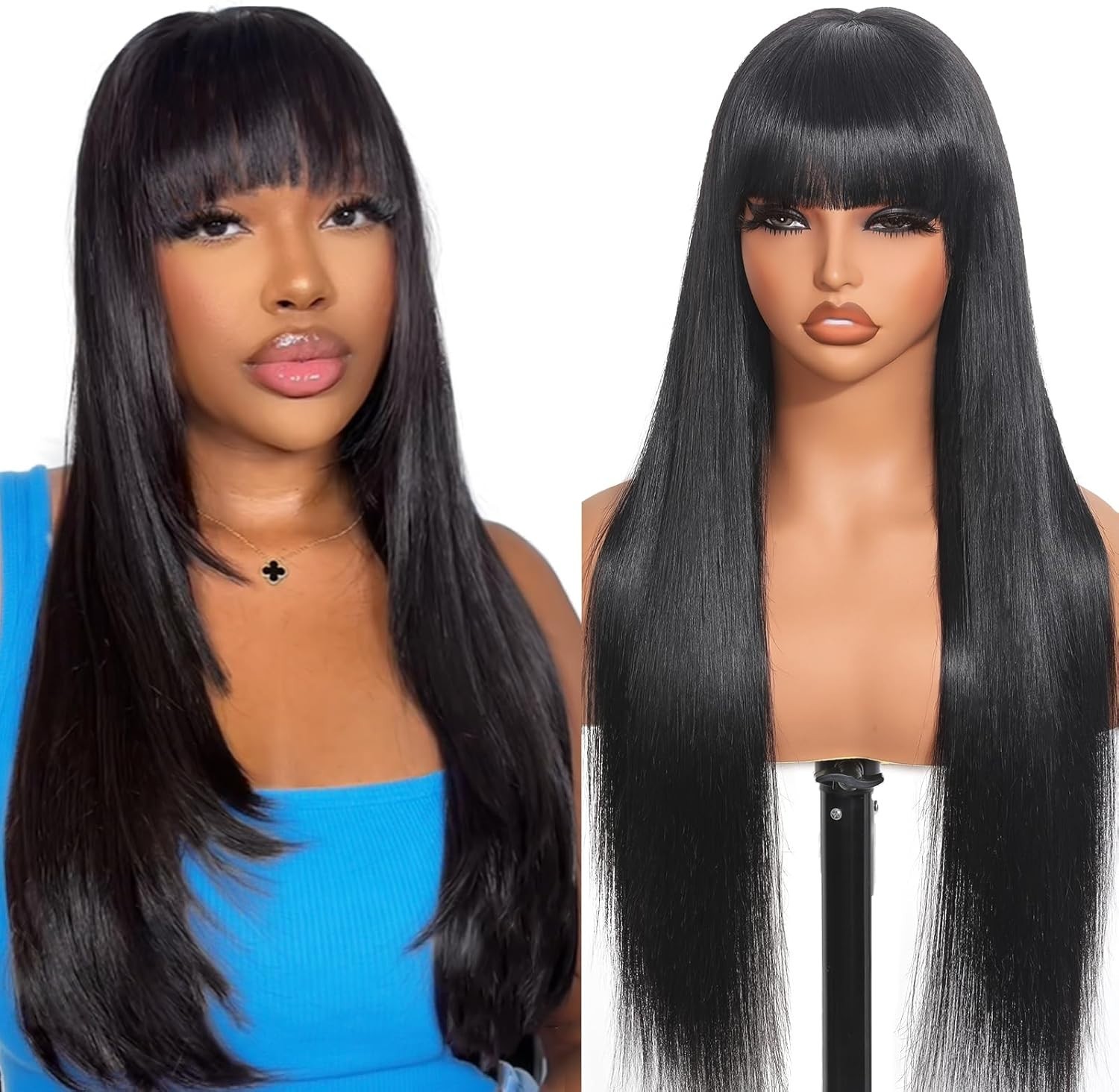 Straight Wigs Human Hair with Bangs Brazilian No Lace Front Human Hair Wigs