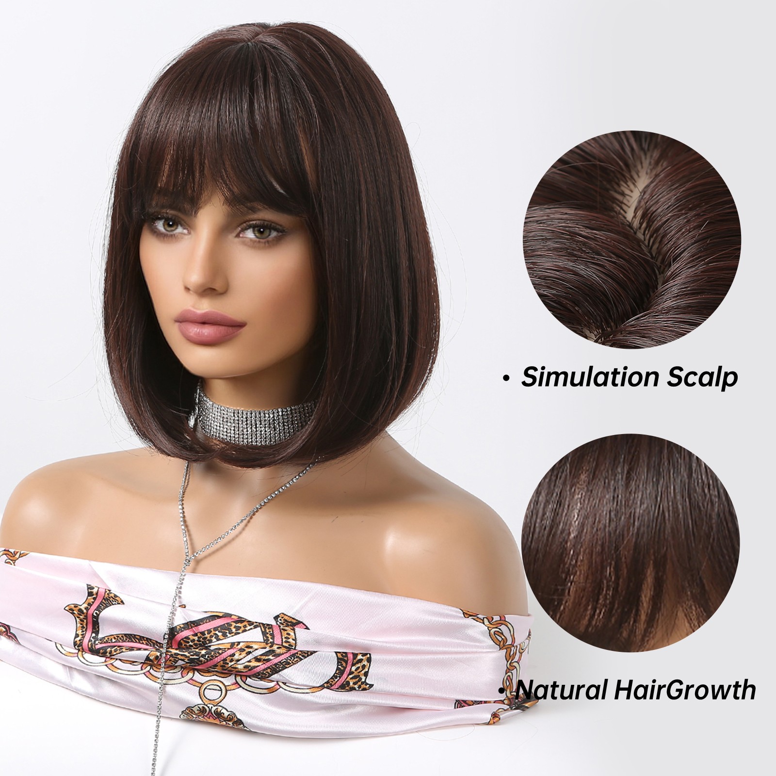 Choc Brown Heat Resistant Hair Costume Wigs With Bangs Bob Straight