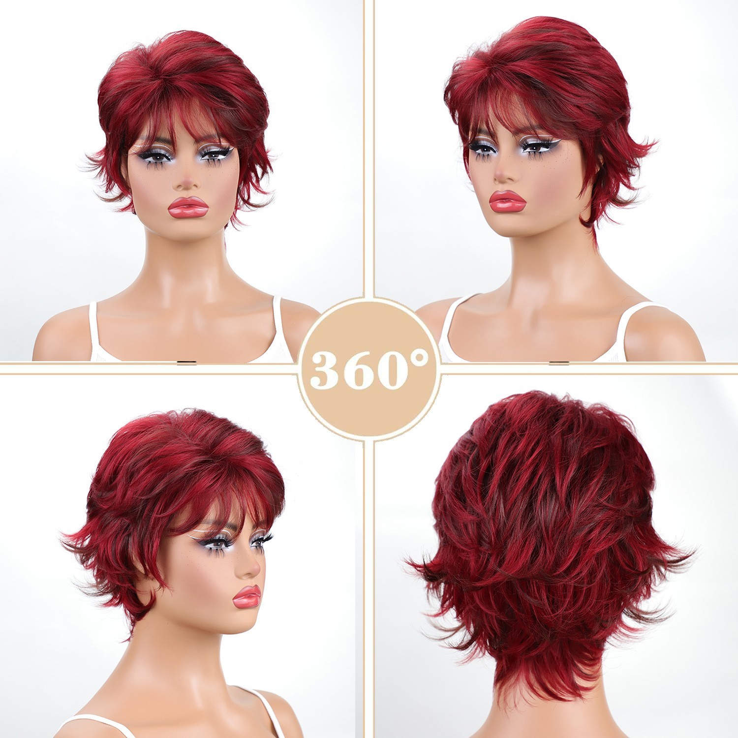 Wine Red Wig Short Layered Pixie Cut Hair Wigs For Women Synthetic Cosplay Wig