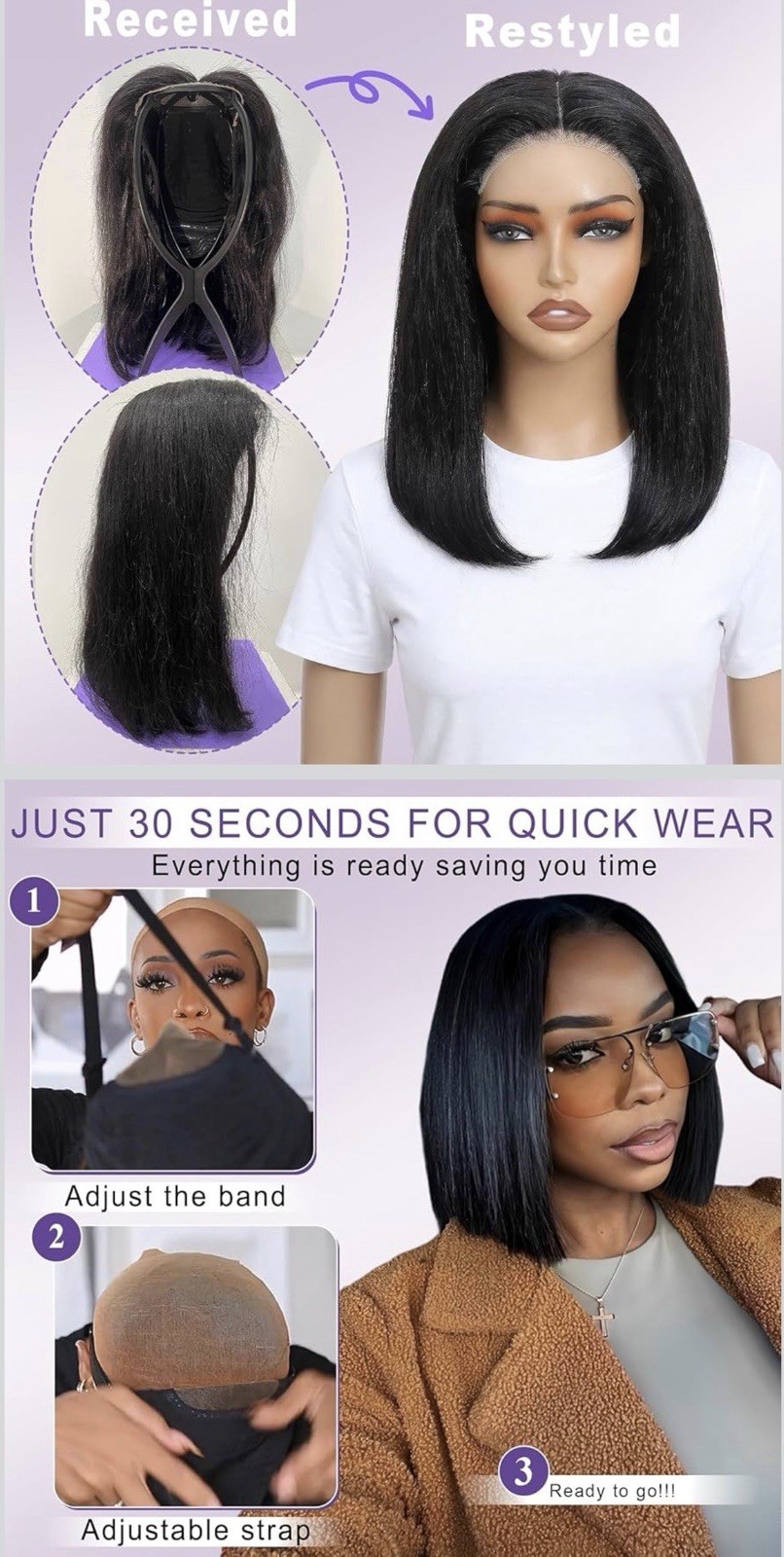 8” Wear and Go Bob Wig Human Hair 180 Density 5×5 HD Lace Closure Pre Everything