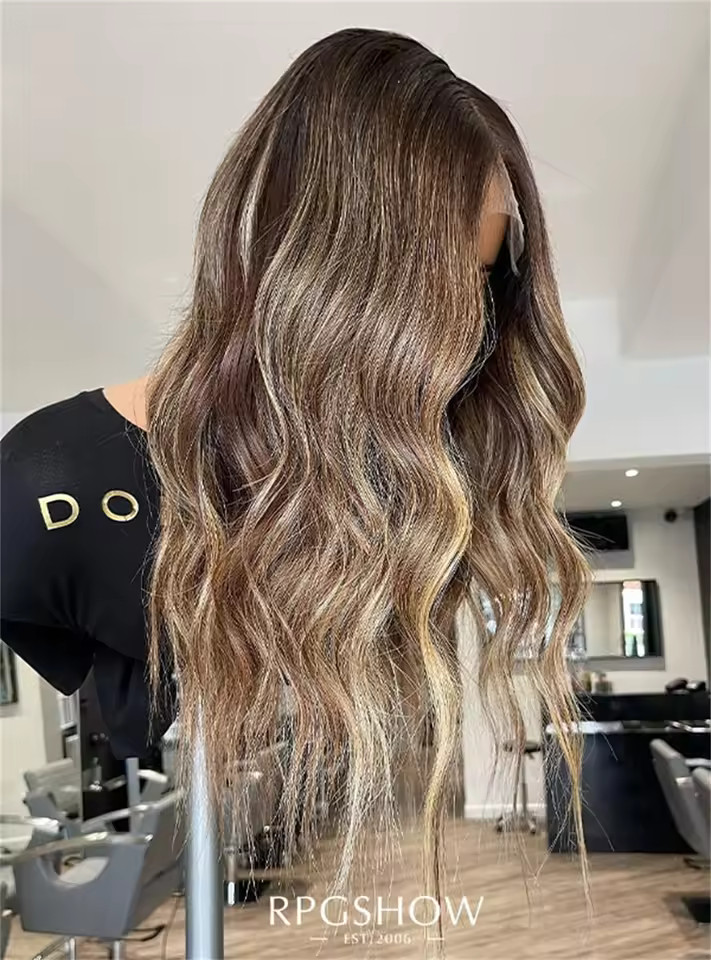 Long Wavy Ash Brown with Blonde Highlights 13×4 Lace Front 100% Human Hair Wigs