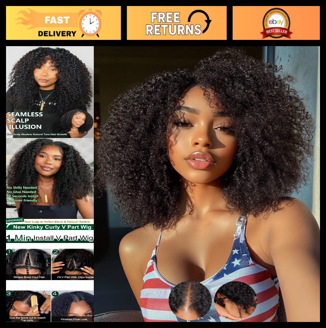 22 Inch Kinky Curly V Part Wig – Glueless Clip-In Half Wig for Black Women, No L