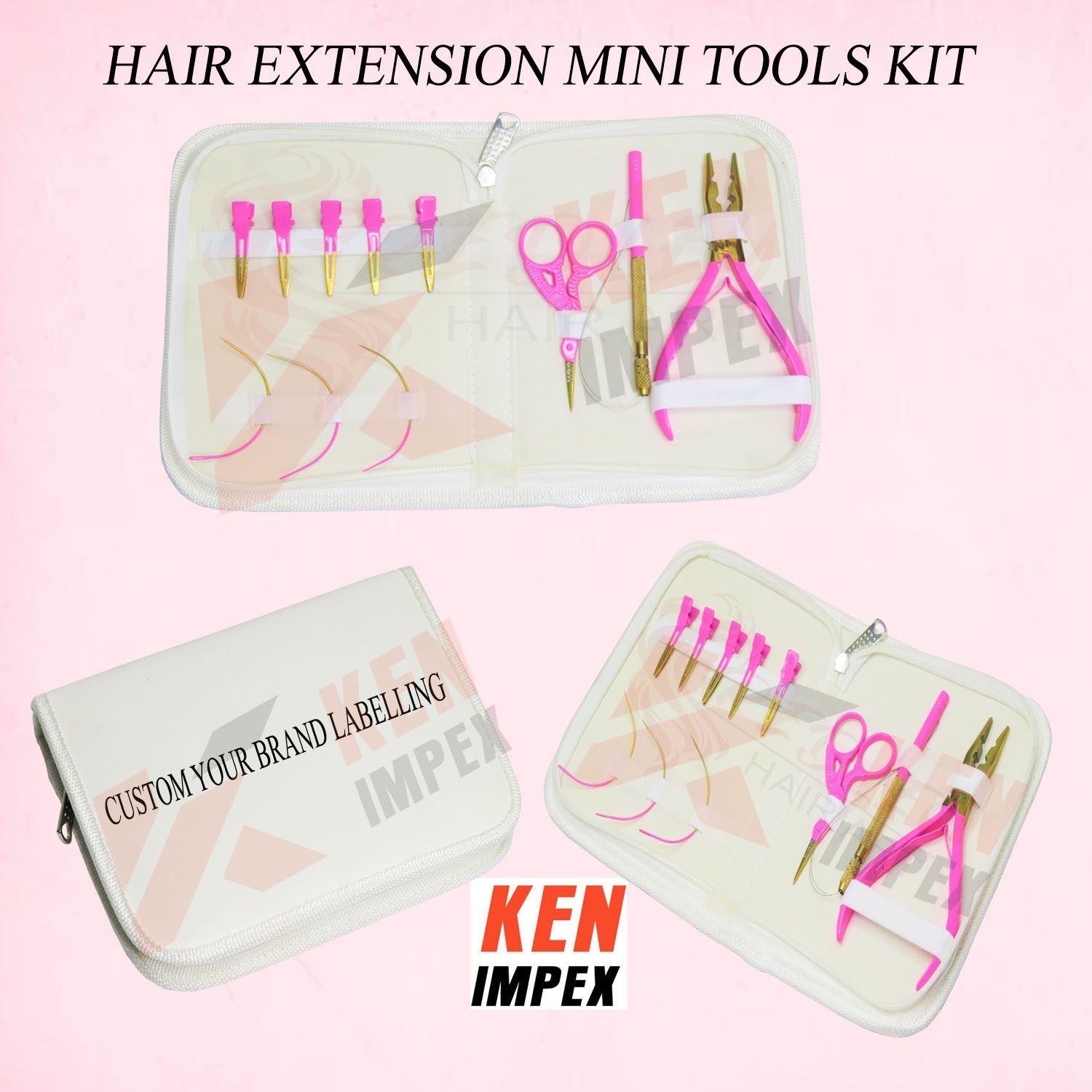 Mini Hair Extension Tools White PVC Leather Kit Case in Hot Pink & Gold Plasma