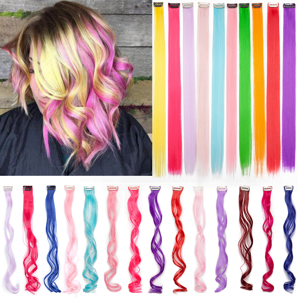 10 Pcs Clip In Wavy Straight Hair Extensions Rainbow Color Streaks Hair Piece US
