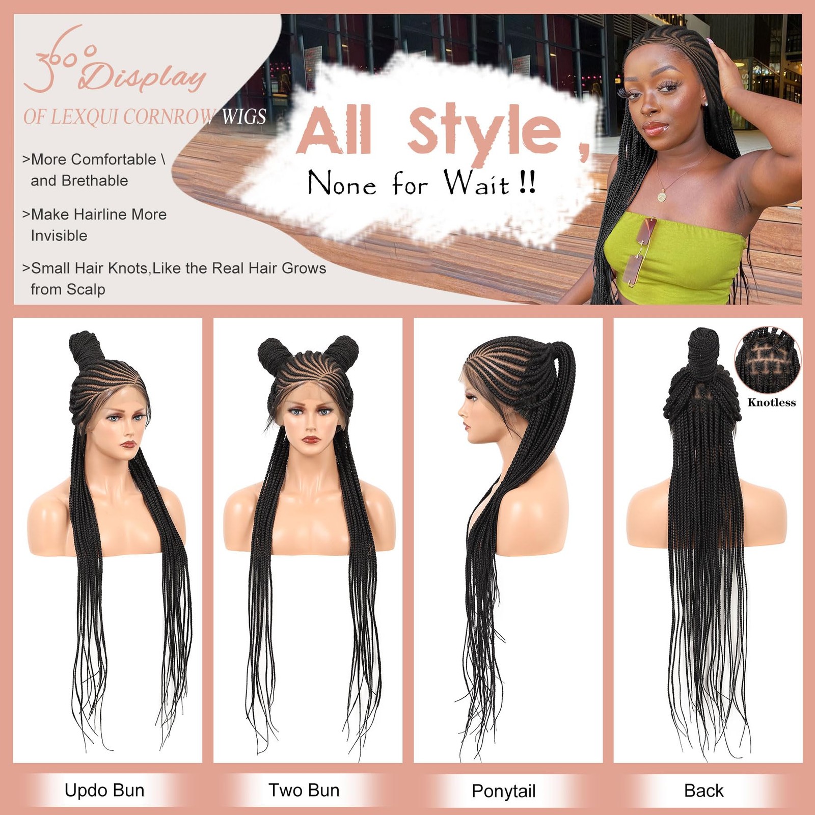 Lexqui 36 Inch Cornrow Braided Wigs Braid Wig 13X8 Hd Lace Front Braided Wig