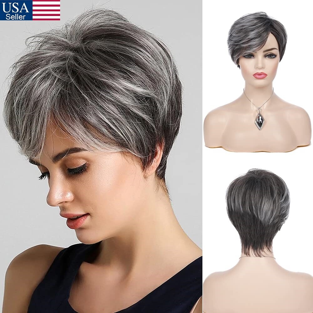Womens Short Grey Wig Layered Synthetic Heat Resistant Pixie Hair Wig Daily US