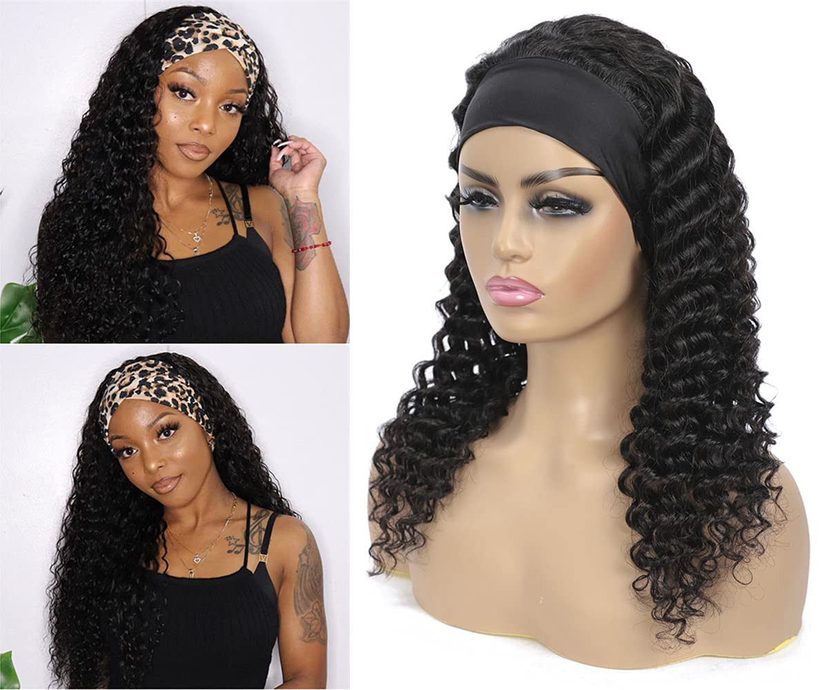 Headband Wig Human Hair Deep Wave 16 Inch Wigs for Black Women Glueless None Lac