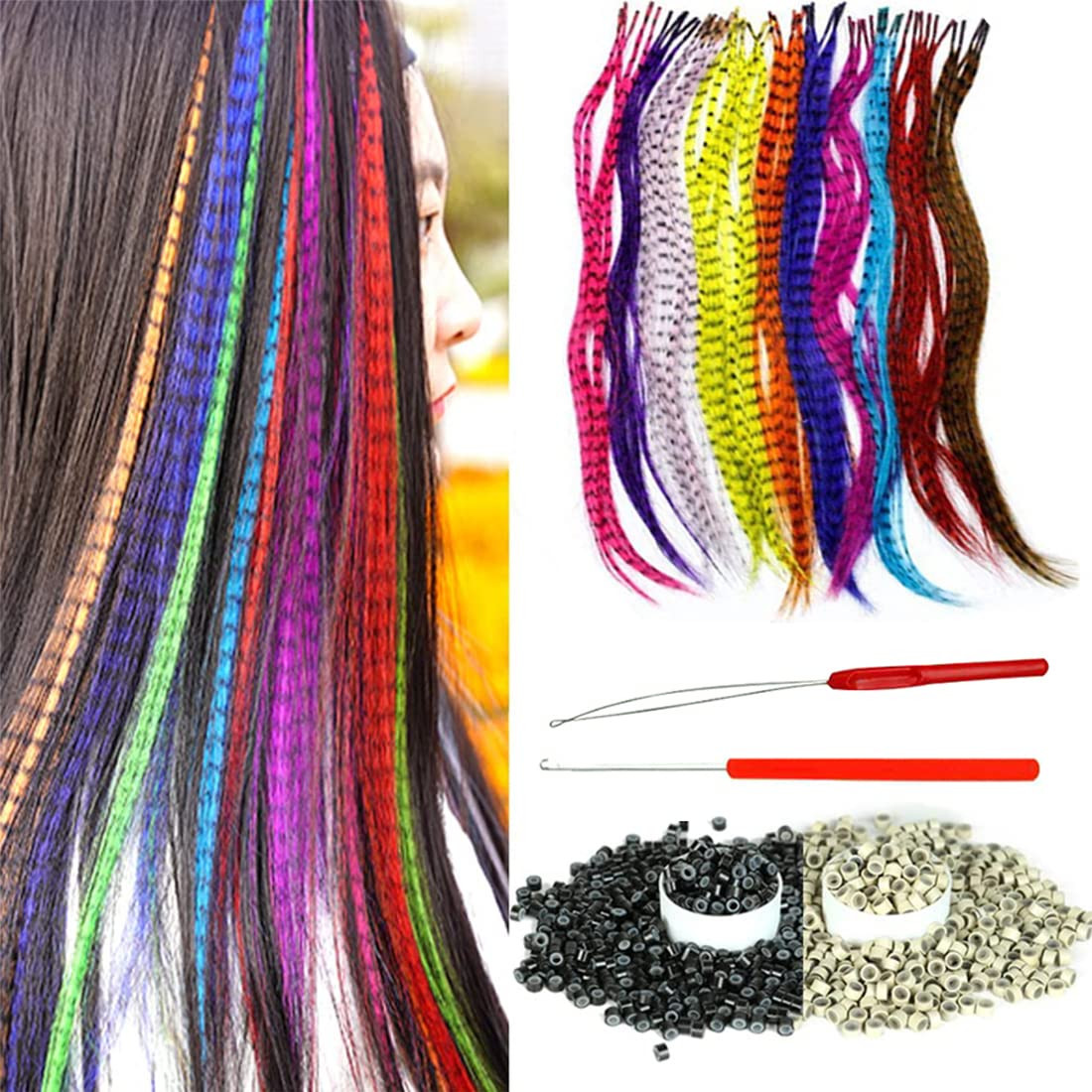 13Pcs Synthetic Feather Hair Extensions for Women 20Inch Hairpieces with 100Pcs