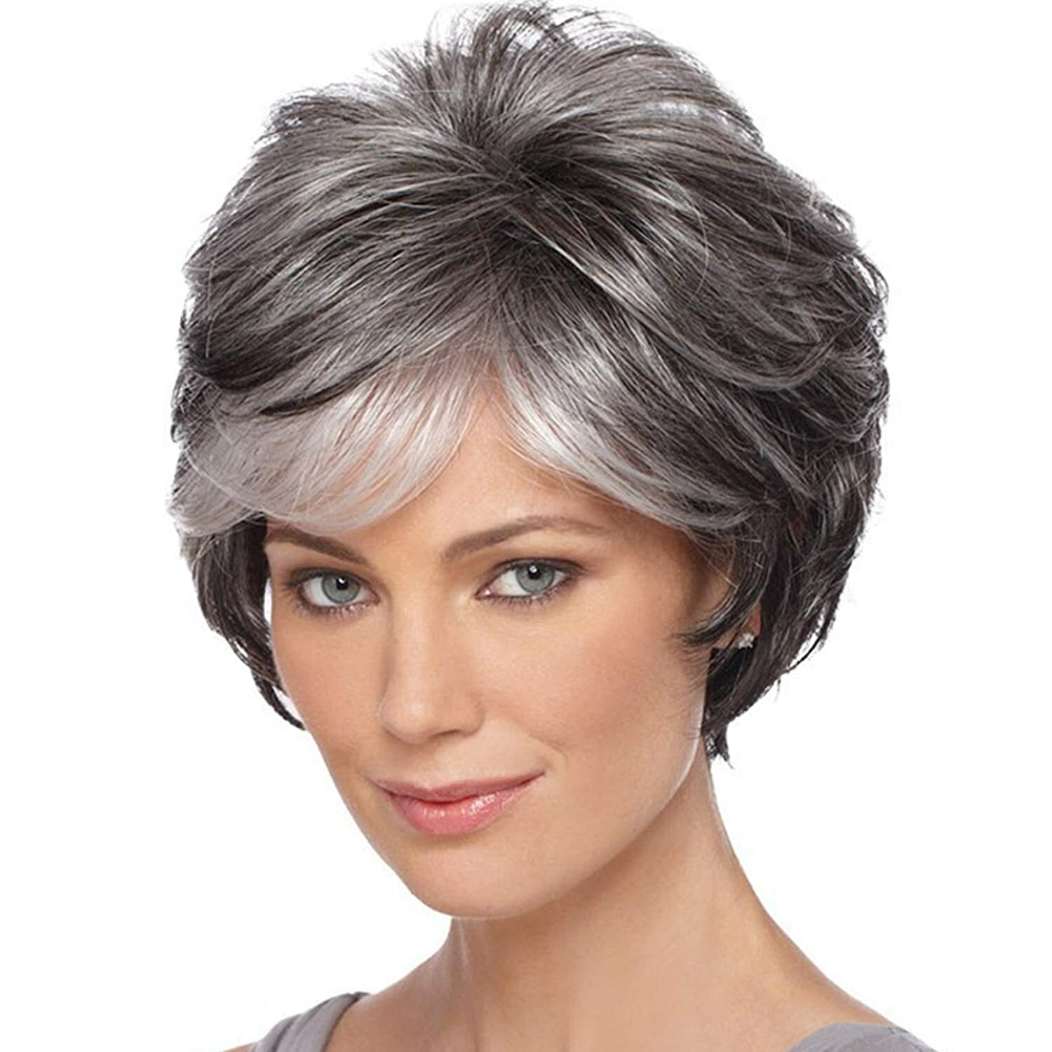 Women Short Gray White Hair With Black Mixed Wig with Bangs MoM Wig Synthetic US