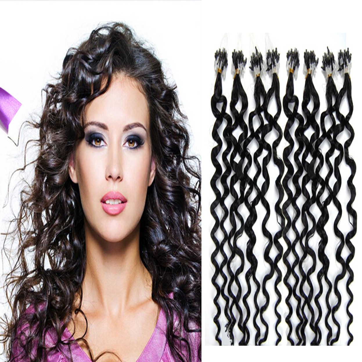 Micro Beads Loop Ring Link Real Human Hair Extensions Water Curly 20inch 100S50g