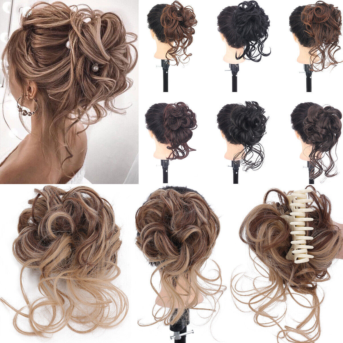 Natural Clip on in Messy Bun Hair Piece Extension Hair Claw Clip Wedding Updo US