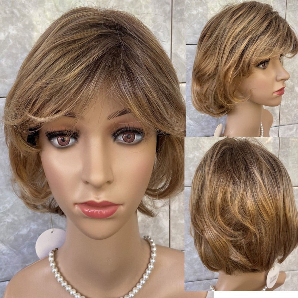 Short Bob Blonde Brown Mix 100% Human Hair Wigs Women Soft Natural Daily