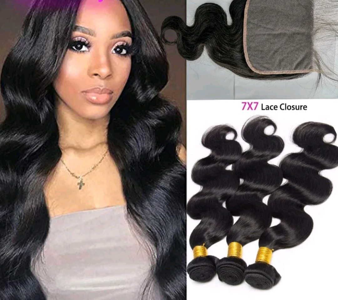12A PERUVIAN VIRGIN HAIR 16+18+20&16INCHES 7X7 WIDER CLOSURE 380g BODY WAVES 1B#
