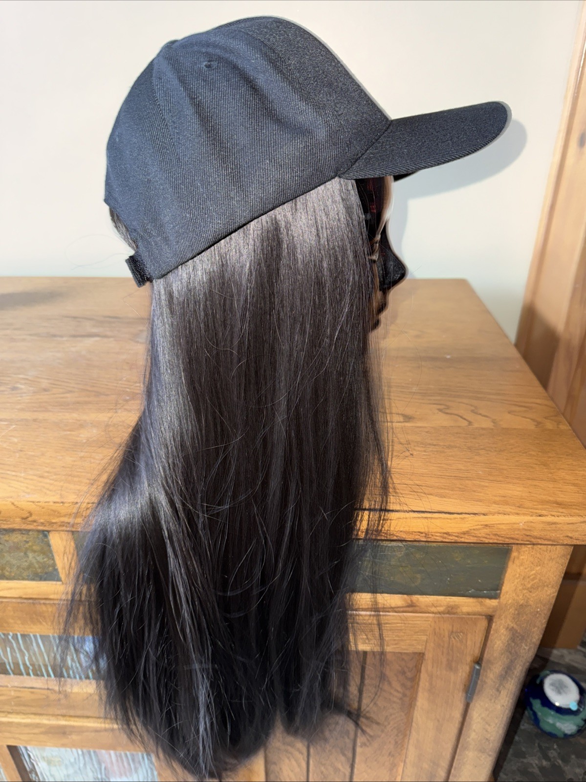 Long Straight Wig Baseball Hat With Synthetic Hair Baseball Cap Wig 24″ Black