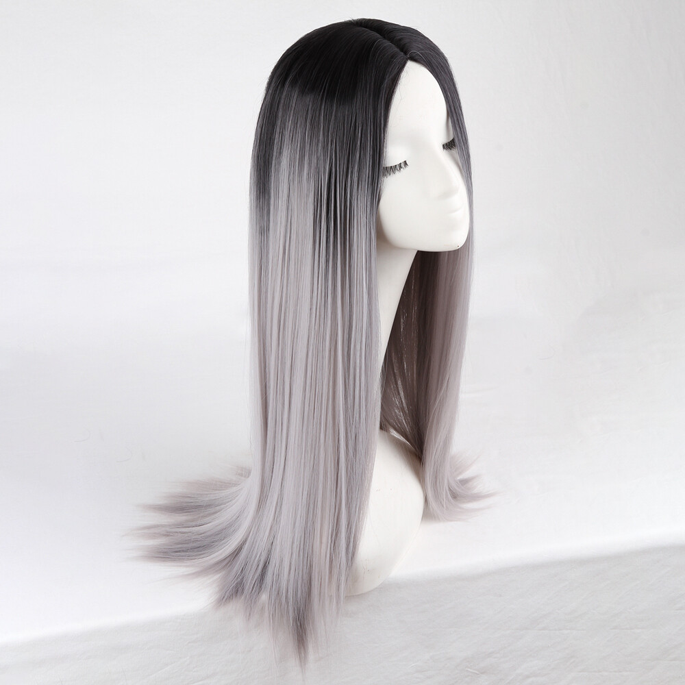Straight Hair Black Grey Ombre Full Wigs Heat Resistant Fashion