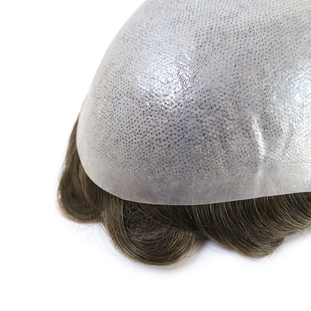 Mens Toupee Thin Skin Human Hair Replacement System 0.08mm Knotted Hair Pieces