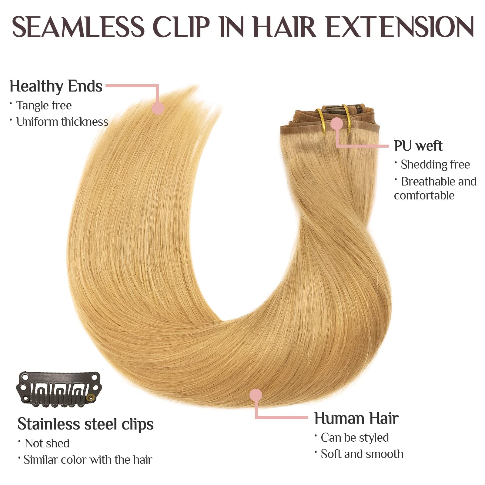 Maxita Seamless Clip In Hair Extensions Human Hair 7Pcs 110G 14 Inch Dirty