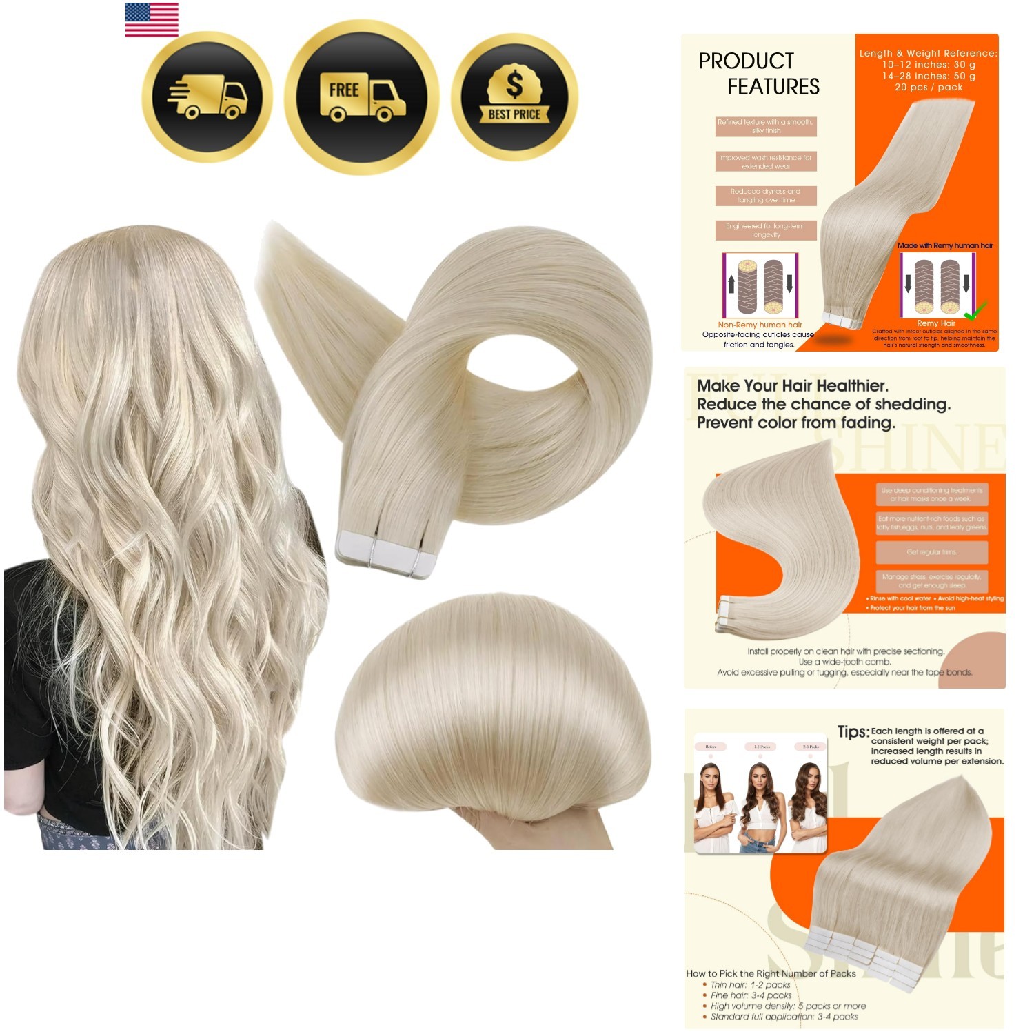 Hair Extensions Human Hair Tape Ins Short 12 Inch Blonde Remy Thick Ends