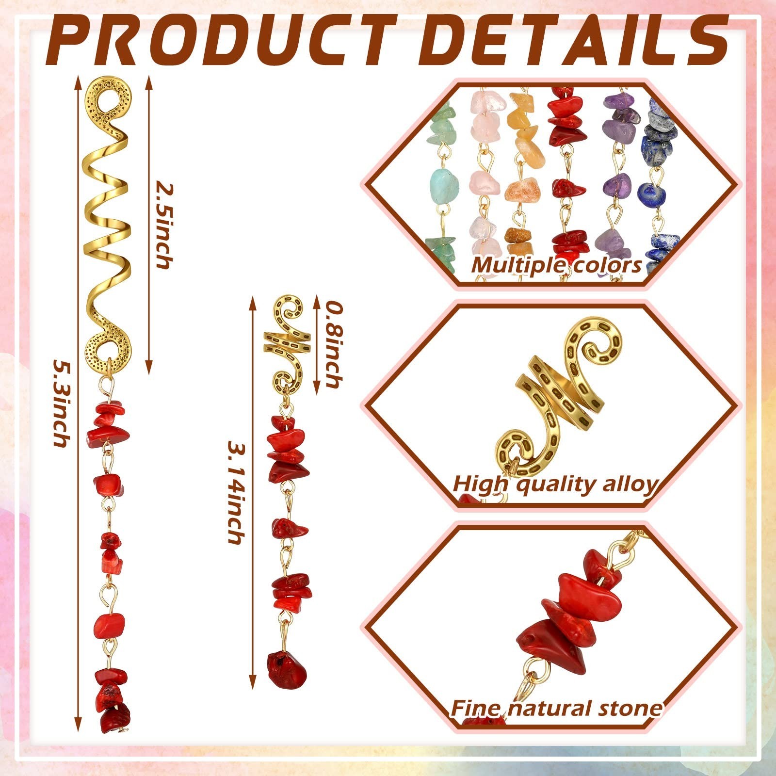 12 Pcs Hair Jewelry for Braids – Natural Crystal Dreadlock Accessories, Gold Cuf