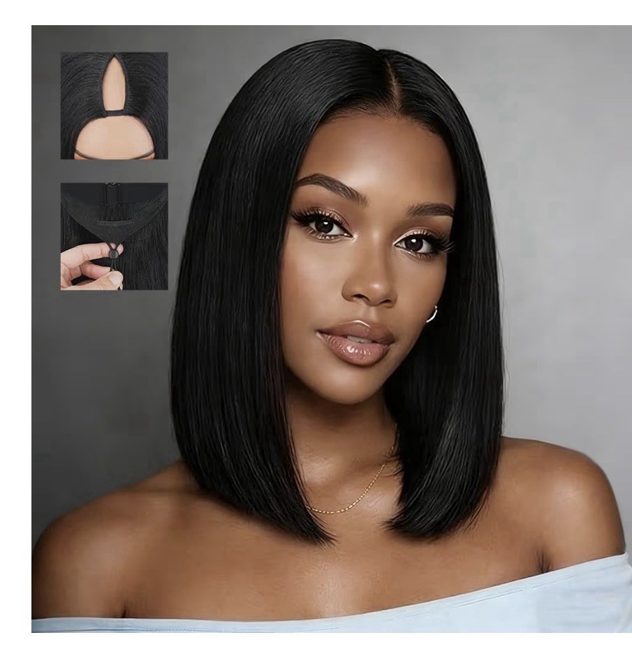 Atikual V Part Wig Human Hair Straight Bob Wigs For Black Women 10Inch Brazilian