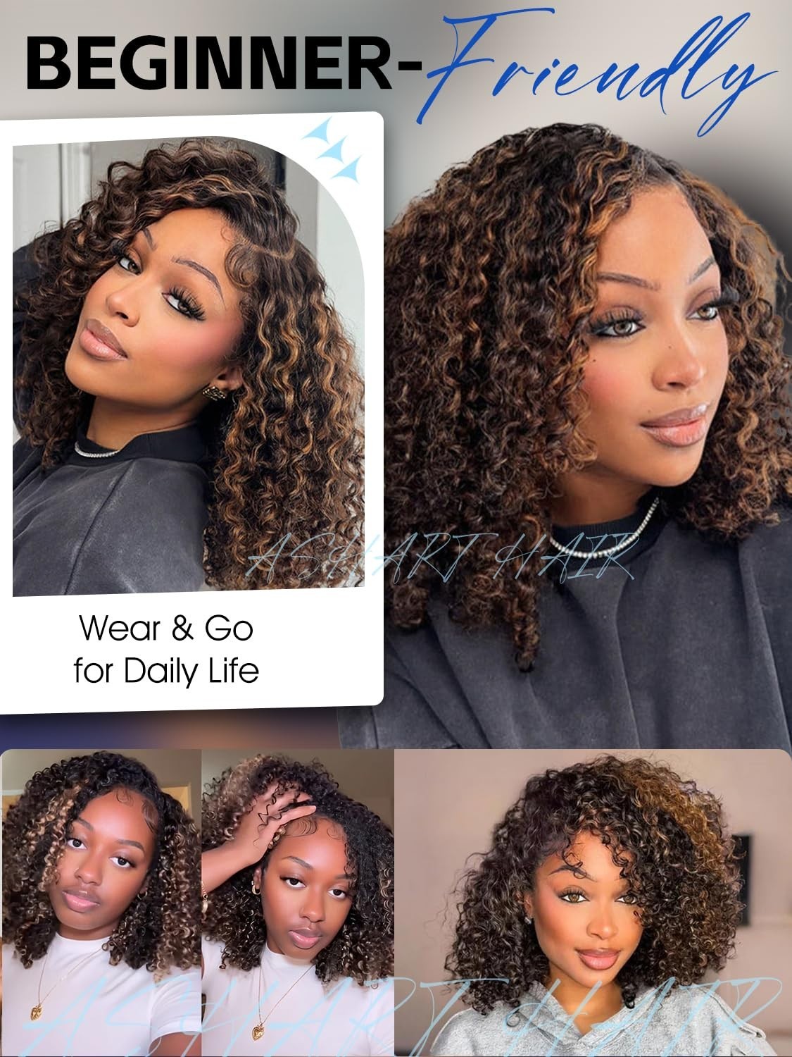 18″ Brown Ombre Kinky Curly Half Wig – 3-in-1 Flip Over, Glueless, 180% Density