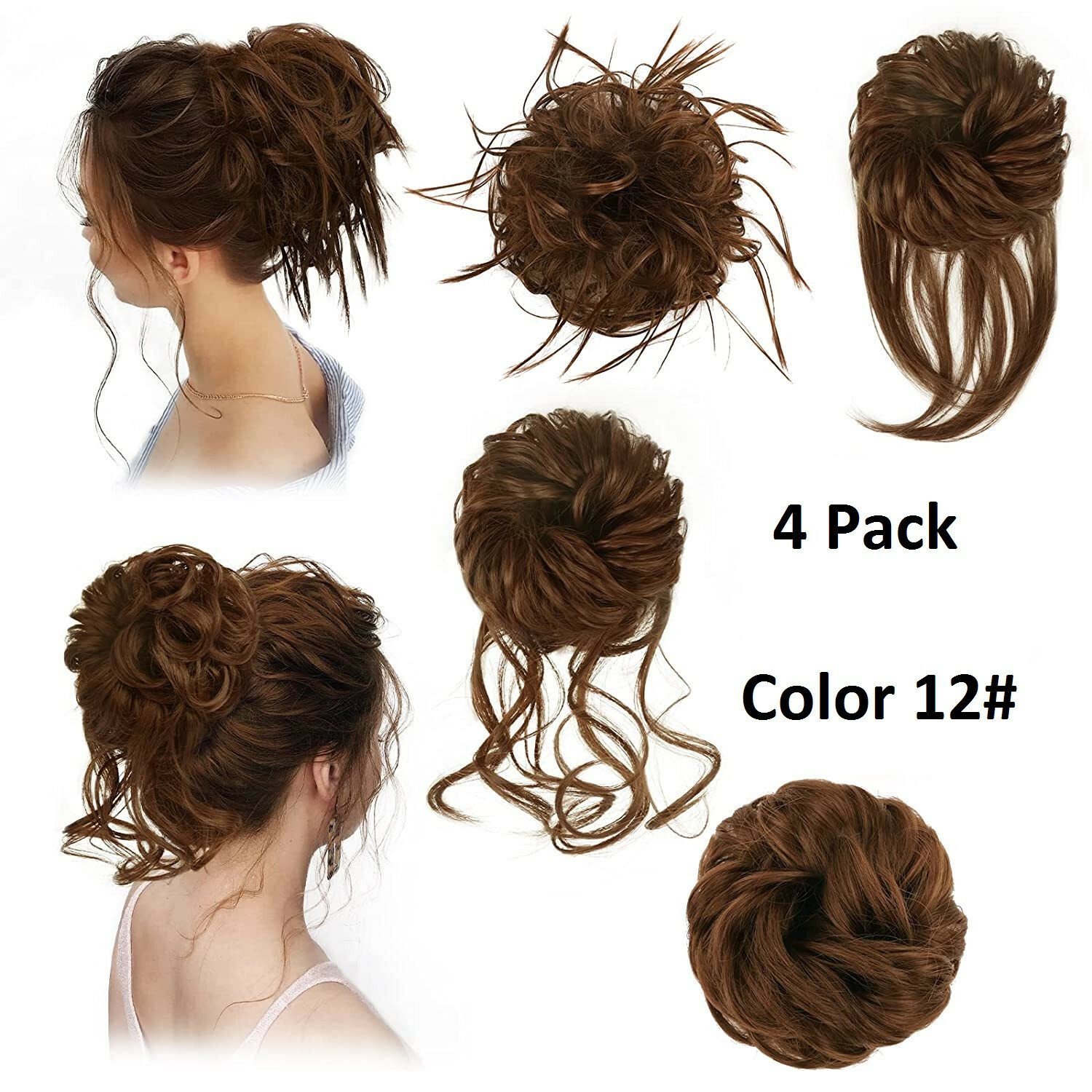 4 pk Messy Hair Bun straight ponytail tousled scrunchies women girl 12# LG brown