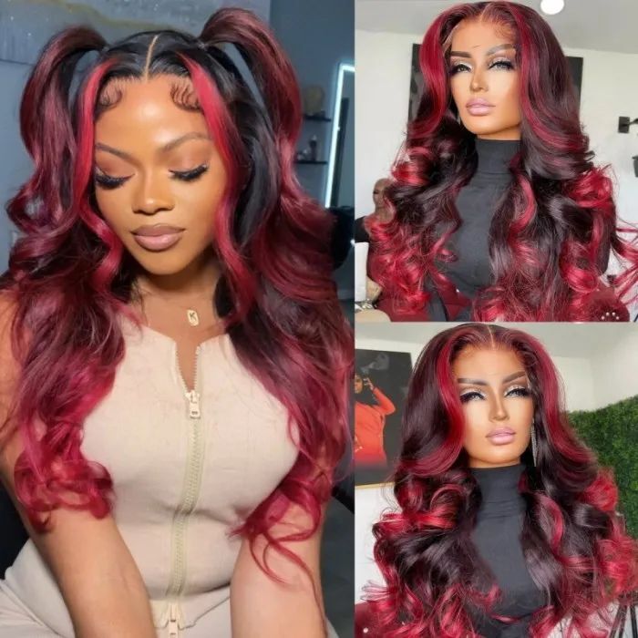 99j Red Burgundy Black Hair Highlight 13×4 Lace Front Human Hair Wig Pre Plucked