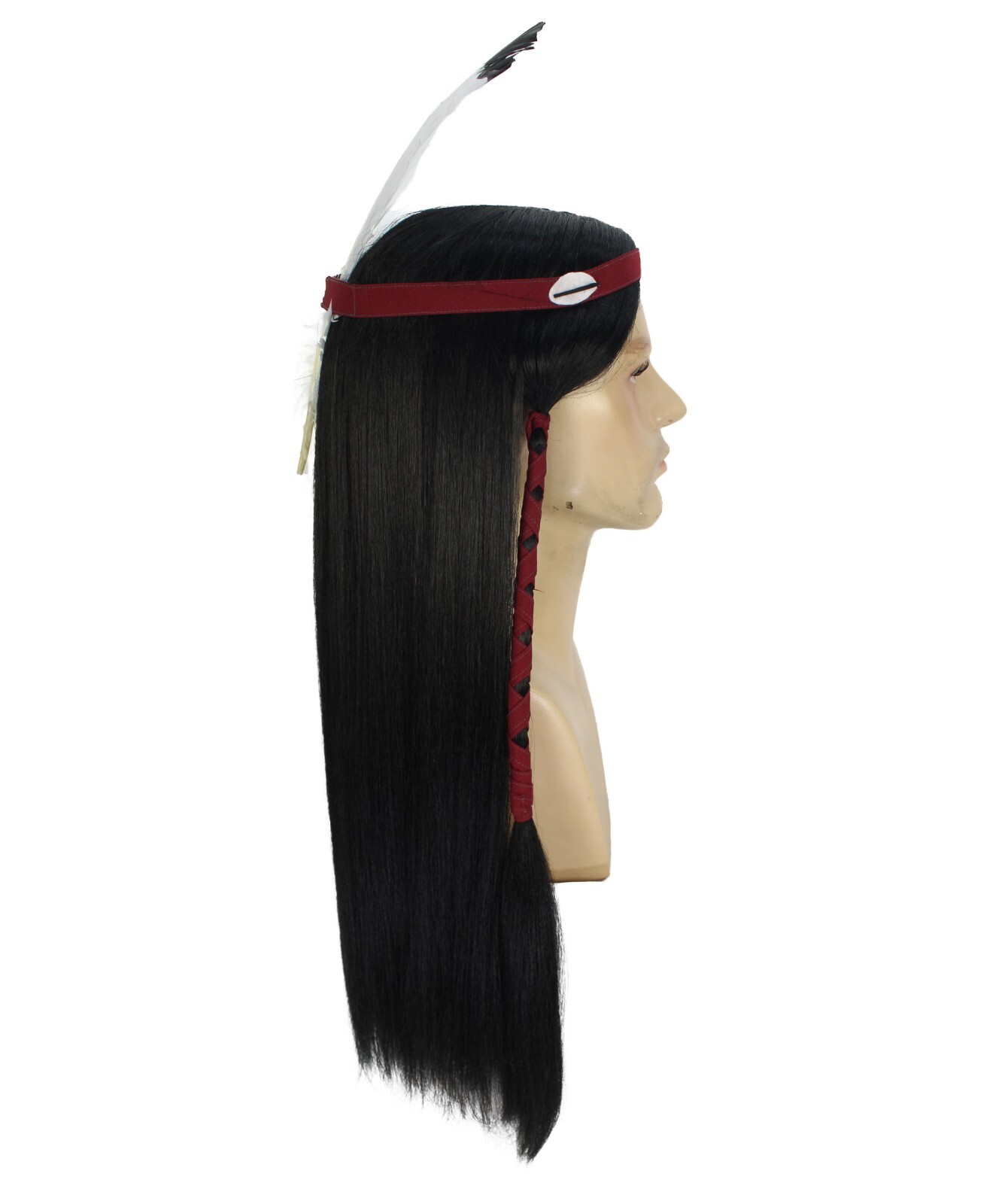 Adult Men’s Long Length Native American Wig, Black Color, Breathable Capless Cap