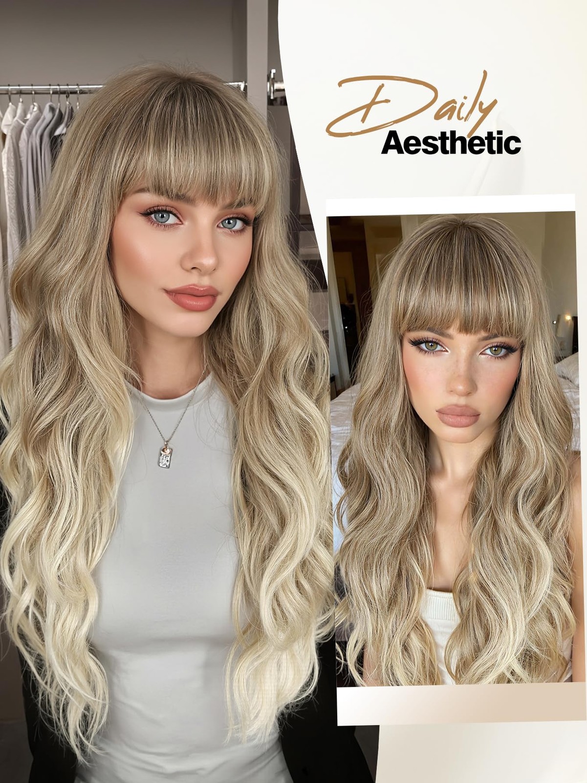Dirty Blonde Wig with Bangs Long Curly Wavy Wig with Blunt Bangs for Women 26…