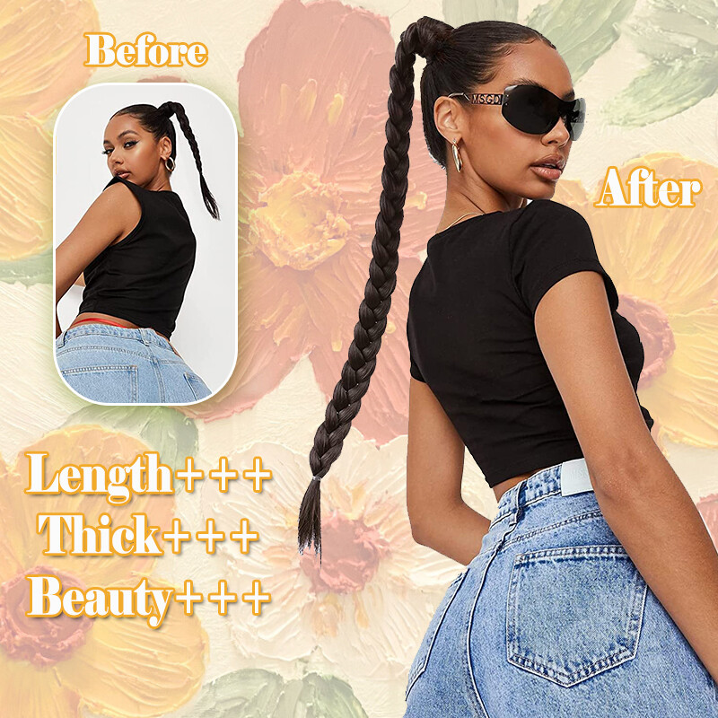 34″ Long Thick Braids Ponytail Box Braiding Pony Tail Wrap On Hair Extensions US