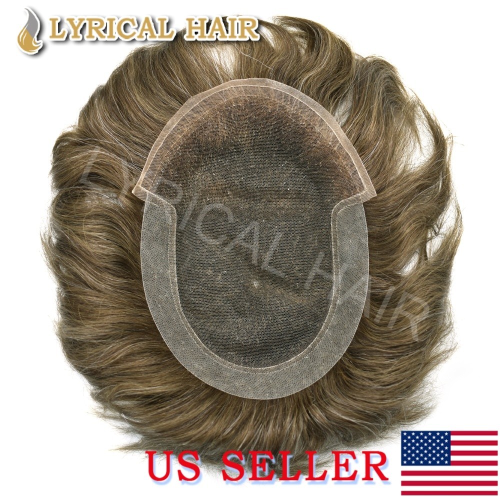 Bleached French Lace Front Mens Toupee All Colors PU Lace Human Hair Replacement