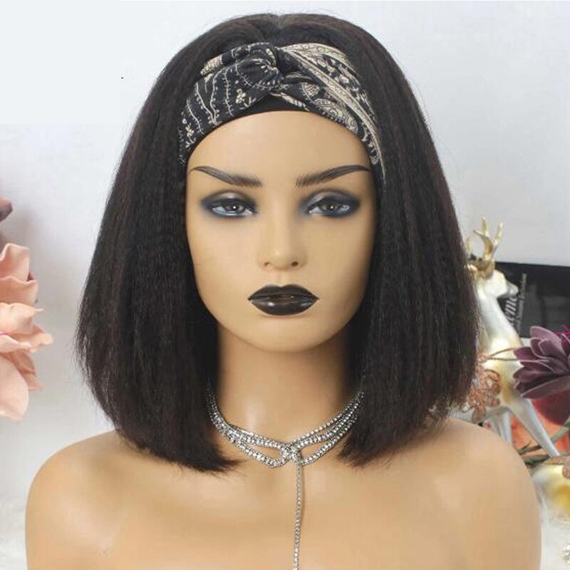 Short Bob Human Hair Wig Black Yaki Straight Headband Wigs Natural Looking US