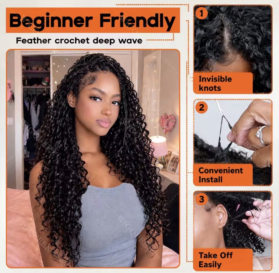 Black Curly Human Hair Crochet Extensions 20in Reusable, 20 Strands