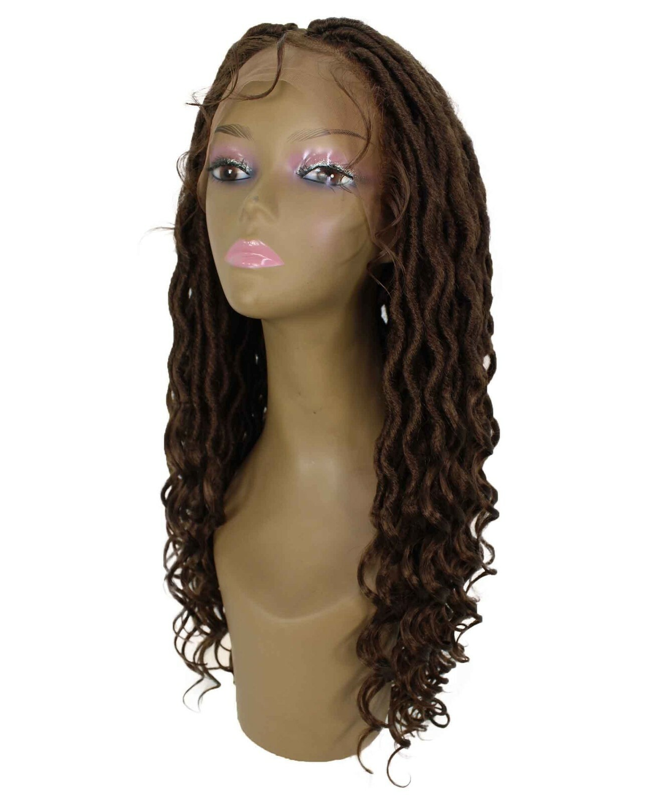 LUXLUXE Andrea 4×4 Curly Long 4X4 Hand Tied Lace Braid Mahogany Brown Wig