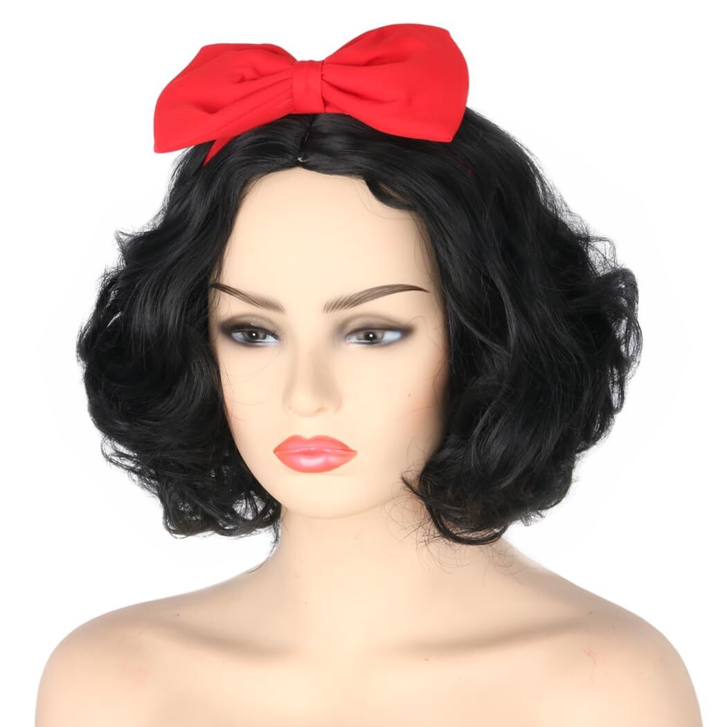 Womens Wig Black Short Curly Cosplay Wigs with Bow Headband Halloween Costume…