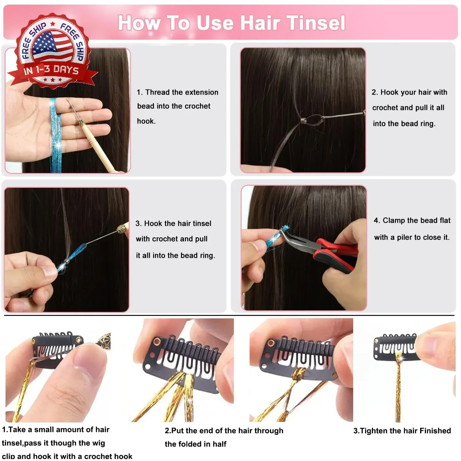 20 Colors Hair Tinsel, 48 Inch 8000 Strands Hair Tinsel Kit with Tools Fairy Hai