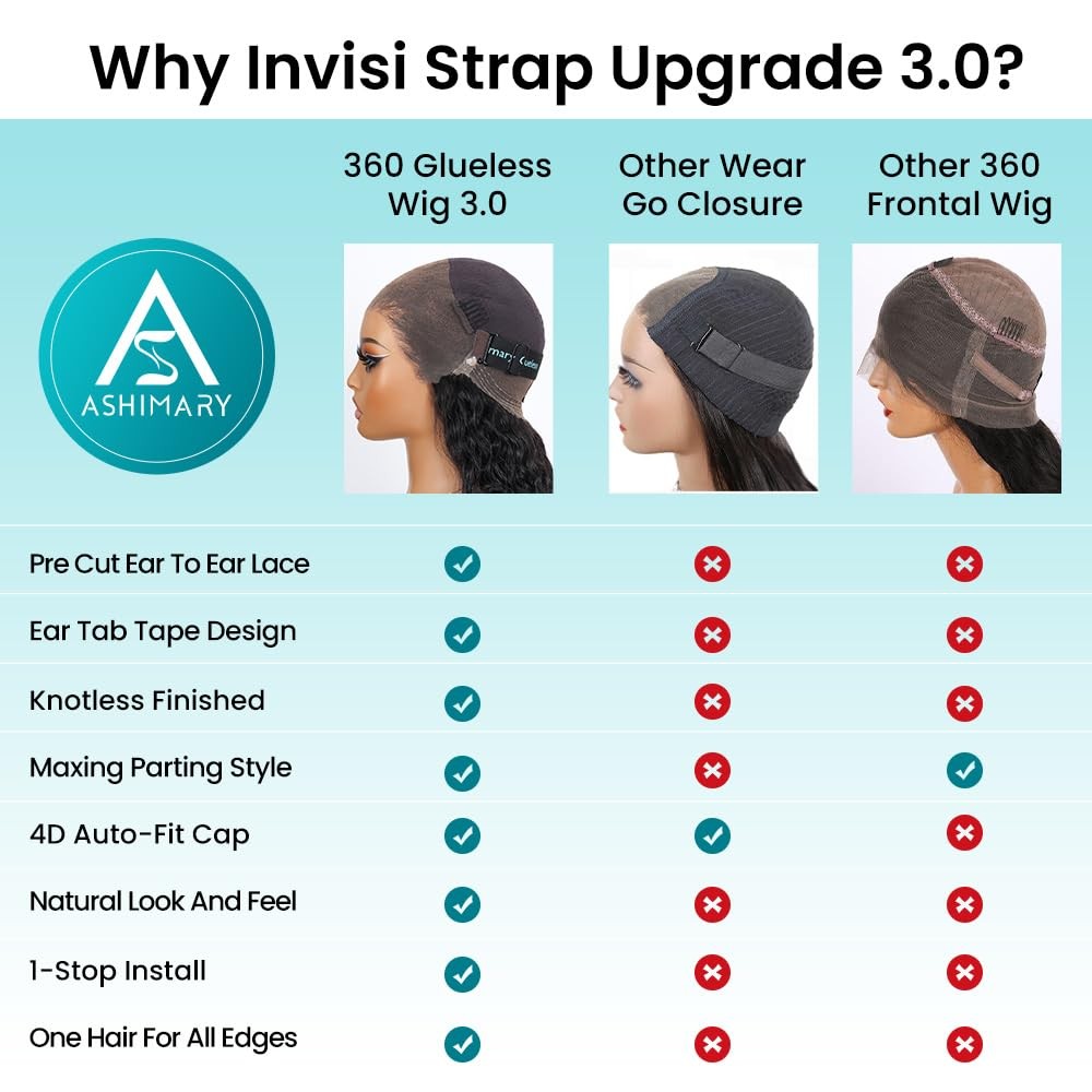 ASHIMARY HAIR Invisi Strap Snug Fit Water Wave 360 Lace Front Wigs Human Hair Sk