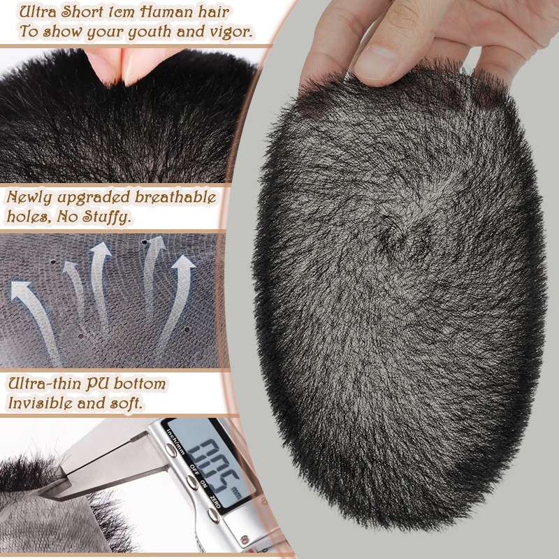 100% Human Hair Toupee for Men’s Short Buzz Cut Thin Skin PU Replacement System