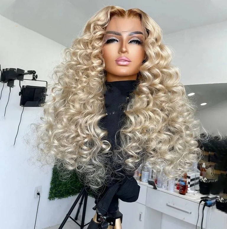 Deep Wave Curly Ash Blonde Dark Roots Human Hair Wigs 13×4 Lace Front Wig