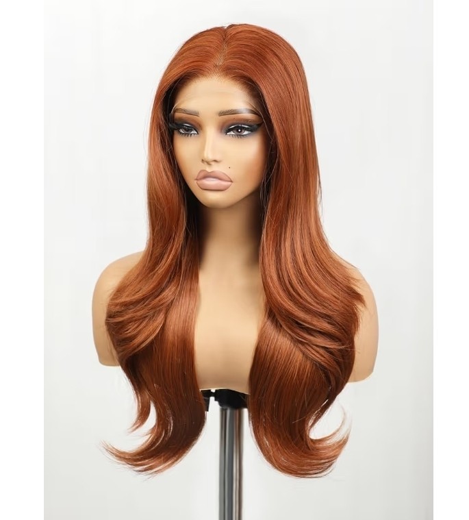 Long HD Transparent Lace Front Wig Copper Red Auburn Human Hair Wavy Curls