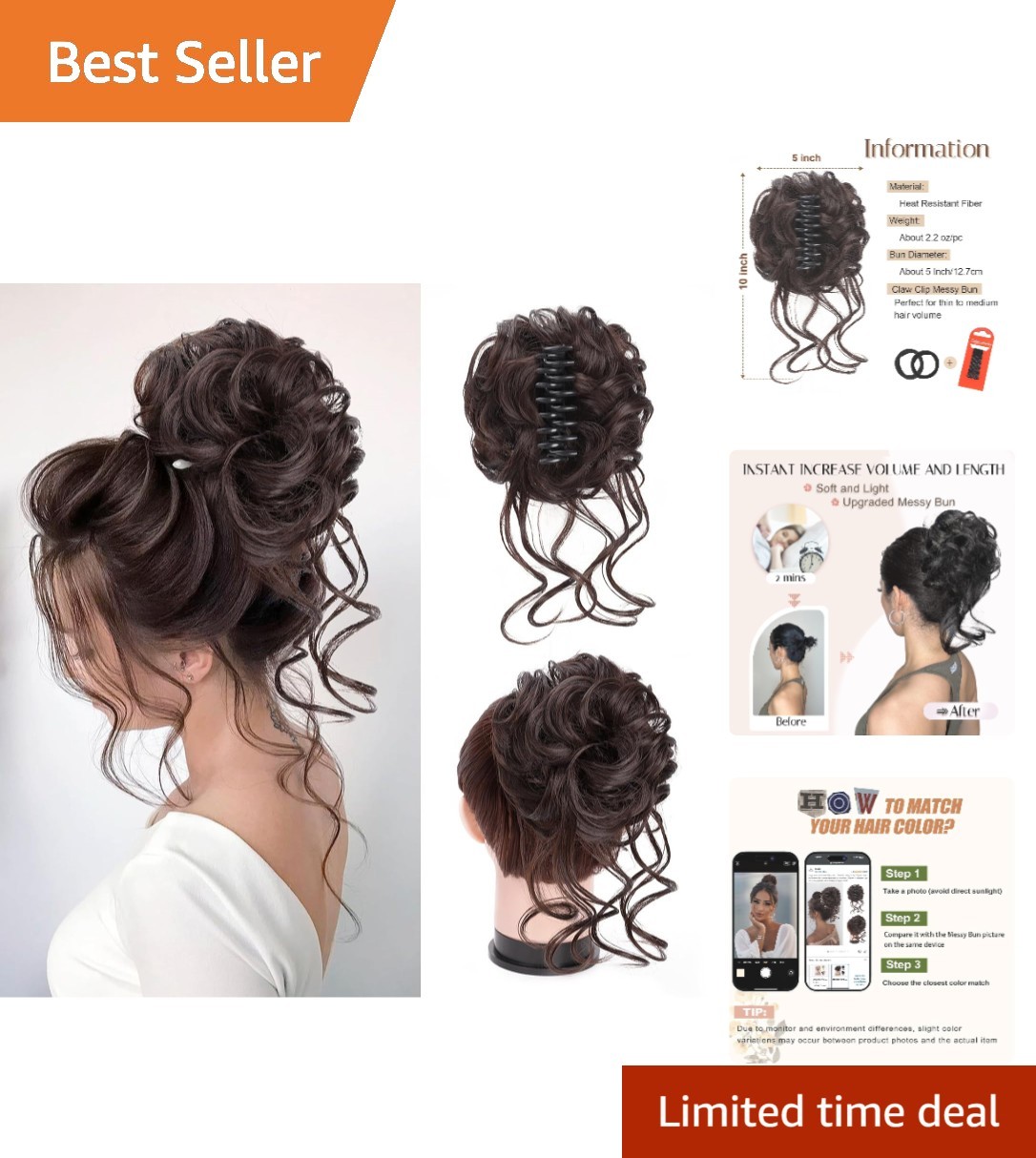 Secure Claw Clip Messy Bun Extensions – Soft Wavy Curly Hair Piece in Dark Brown
