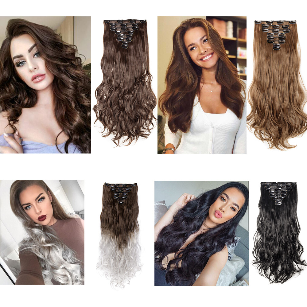 Clip In Hair Extensions Synthetic Hairpiece Balayage Ombre Full Head 8 PCS/set