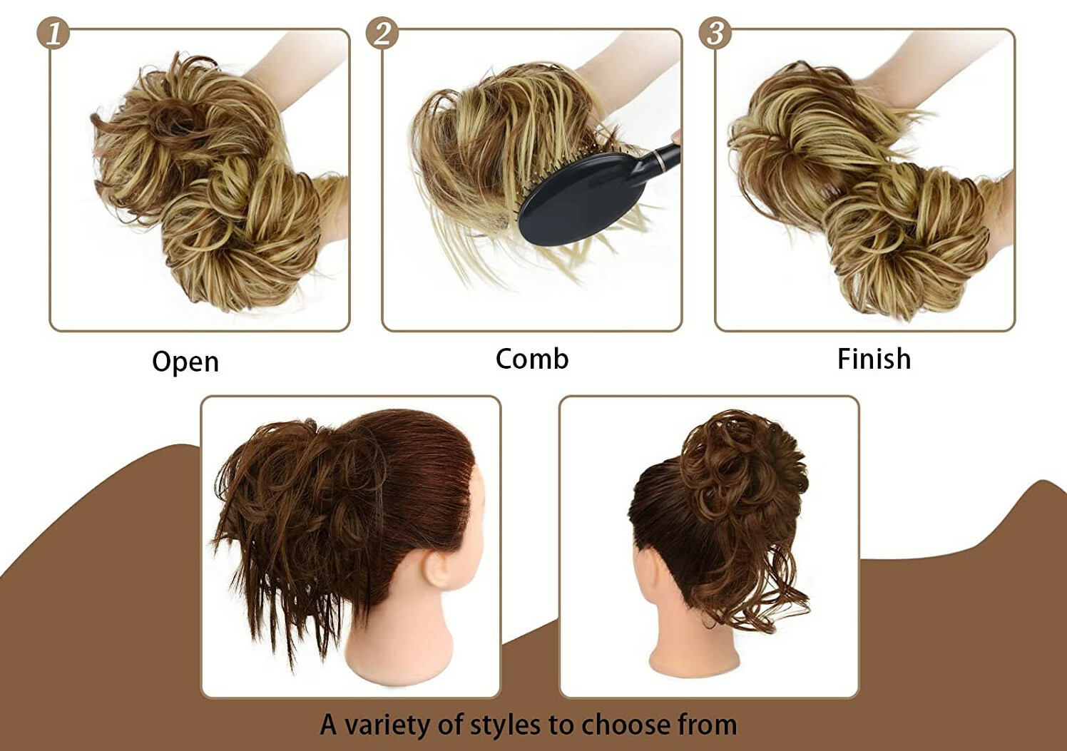 4 pk Messy Hair Bun straight ponytail tousled scrunchies women girl 12# LG brown