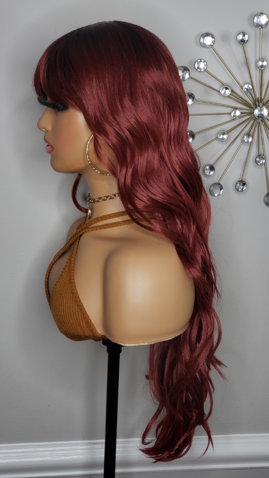 New Long Burgundy Red Wavy Full Cap Wig Bang Style Heat Resistant Hair Womens