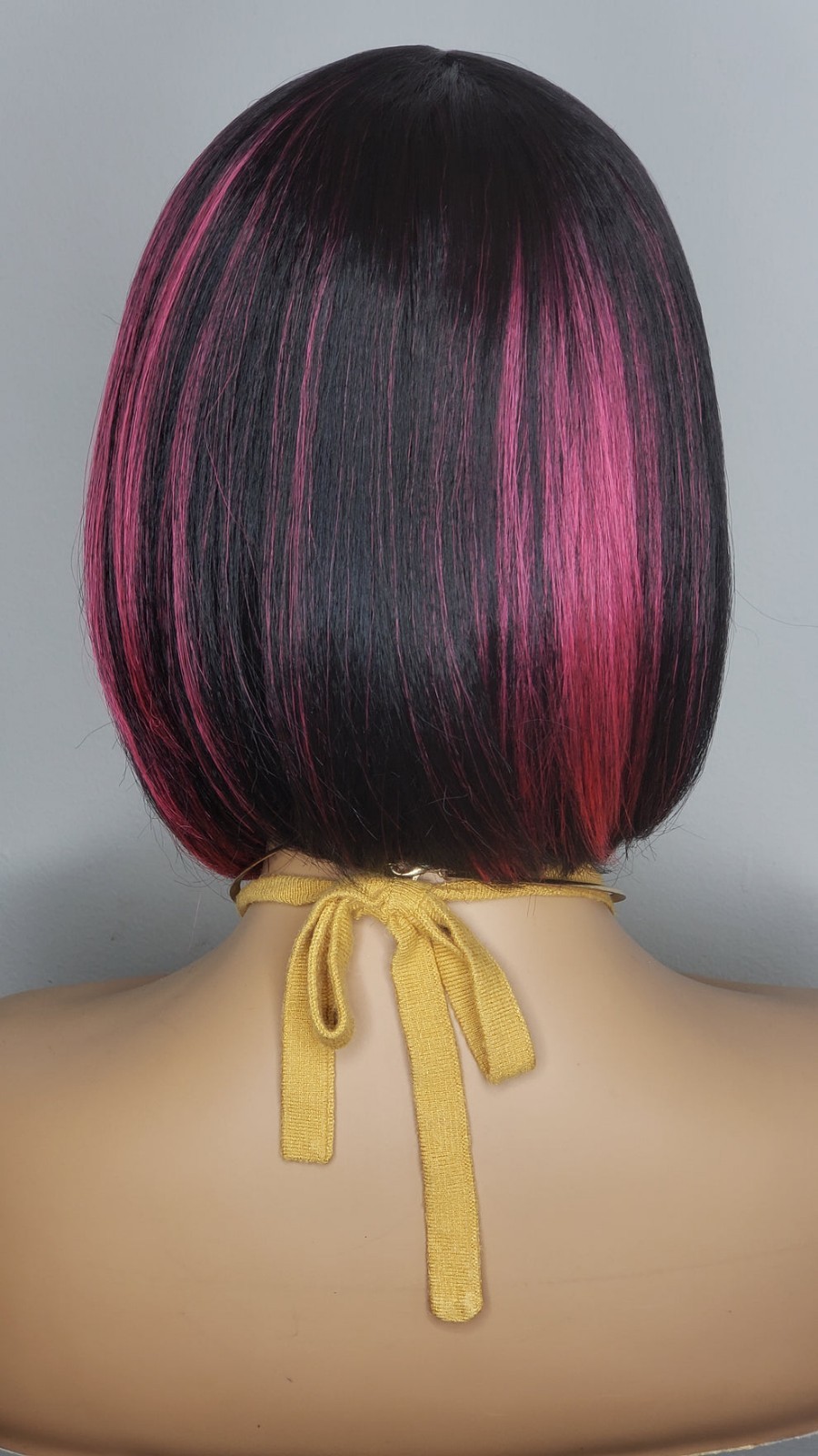 New Human Hair Blend Short Bob Wrap Bangs Full Cap Wig Black Pink Highlights Wig