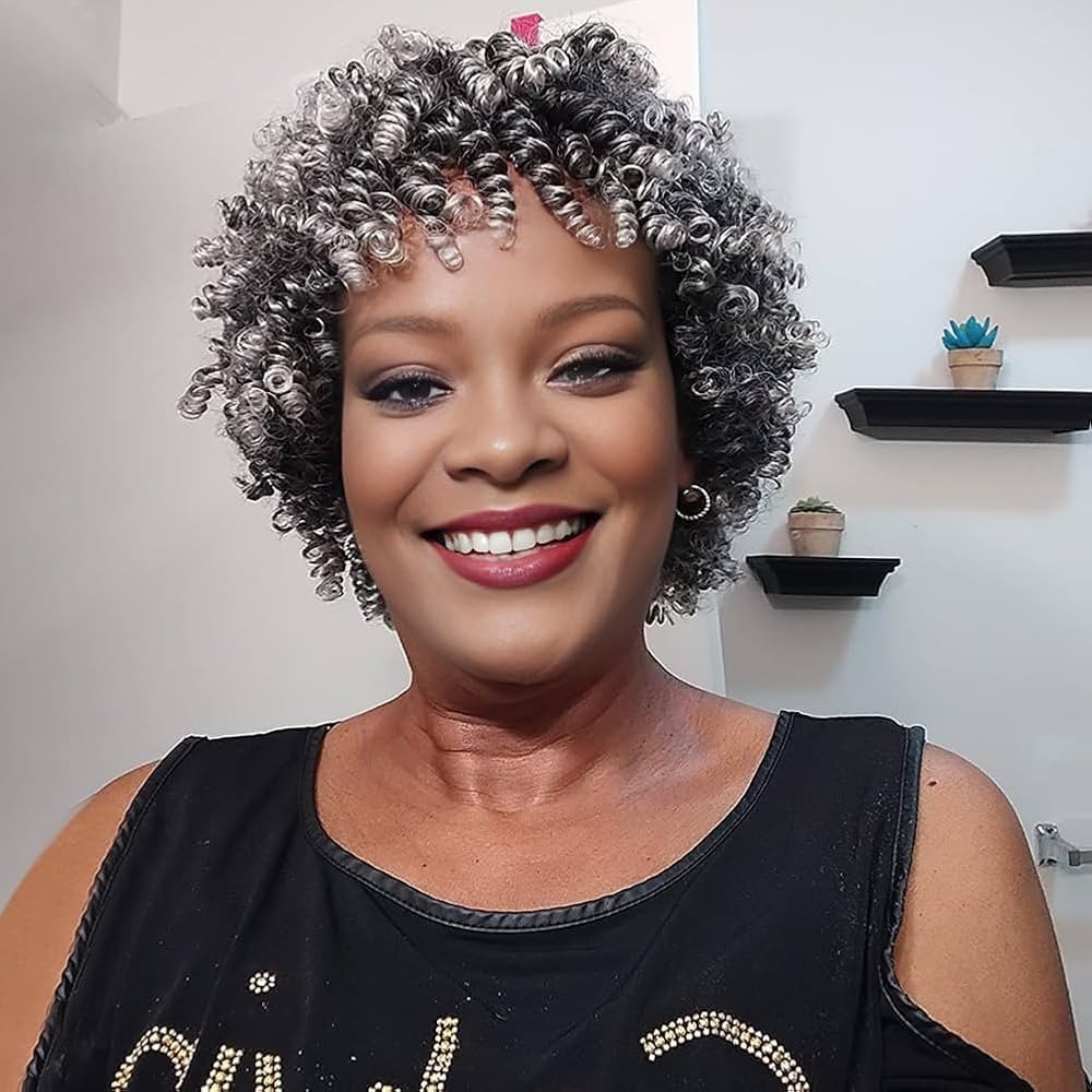 MIMAN Tight Curl Short Black Grey Afro Wig curly kink twist woman synthetic 10″