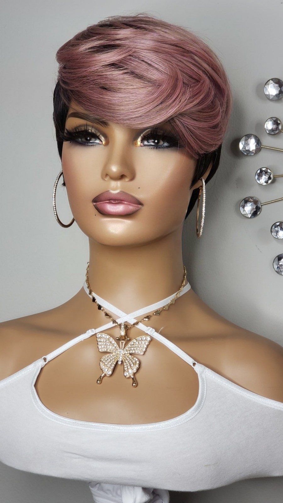 New Short Cut Pixie Style Full Cap Wig Pink Black 2 Tone Style Womens Hair Wigs