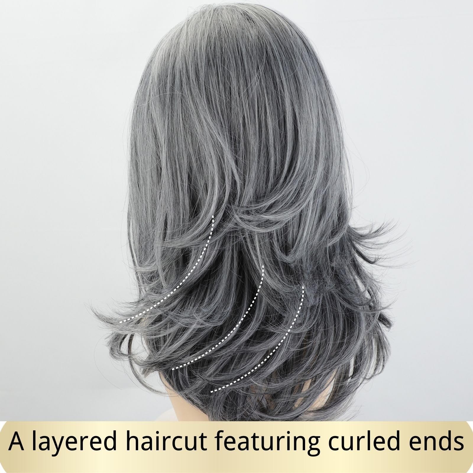 Fencca 20 Inch Silver Grey Salt Pepper Wig Curtain Bangs Long Layered Wave