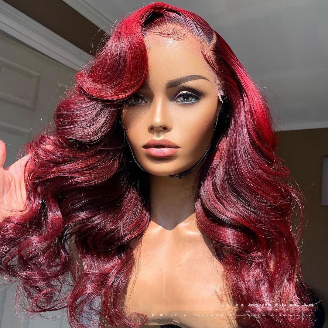 Long Wavy 4X4 Lace Front Human hair Wig Ombre Burgundy Wigs Natural