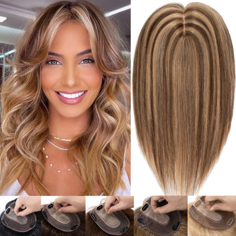 US CLEARANCE 100% Remy Human Hair Topper Toupee Clip In Silk Base Hairpiece Wigs